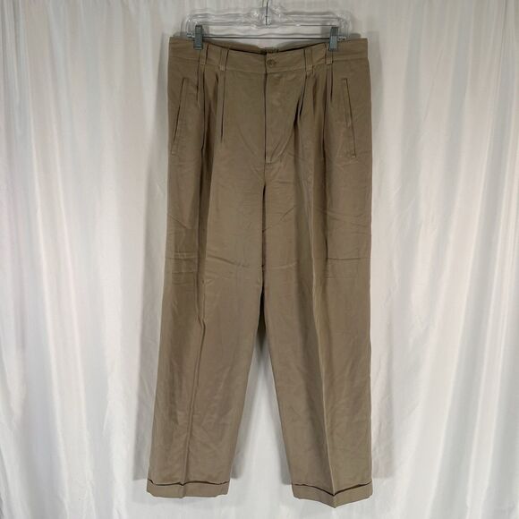 Axis Silk Blend Pants Men's 34x29 Khaki Beige Button Zip Dry Clean Pleated - Picture 1 of 11